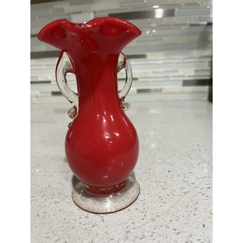 Vintage Hand Blown Art Glass by Stevens & Williams Red Cased Vase Splatter Art